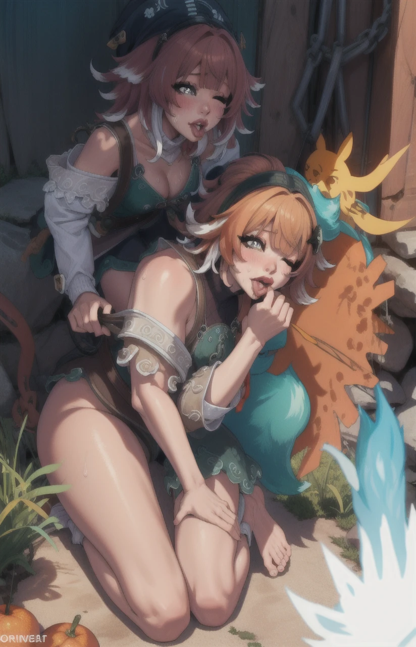 (masterpiece, best quality:1.2), extremely detailed, detailed hair, intricate details, finely detailed, [[soft lighting, volumetric lighting]],  looking at viewer, muscular, muscular female, huge breasts, frilled (turtleneck), cropped-jacket , , (hair over one eye, sidecut , topknot, orange hair ,streaked hair ,okappa), surprised , sweat, , , blush, lipstick, makeup, one eye closed,( licking lips:1.2), tongue,( tongue out:1.2), (sunset ), 2girls, solo, black hair, hairband, belt, short hair, grey eyes, green hairband, blind, chinese clothes, hair bun, green dress, short sleeves, pelvic curtain, barefoot, fighting stance, outdoors, rock, curvy, sweating, oily, detailed, foot, toes curled