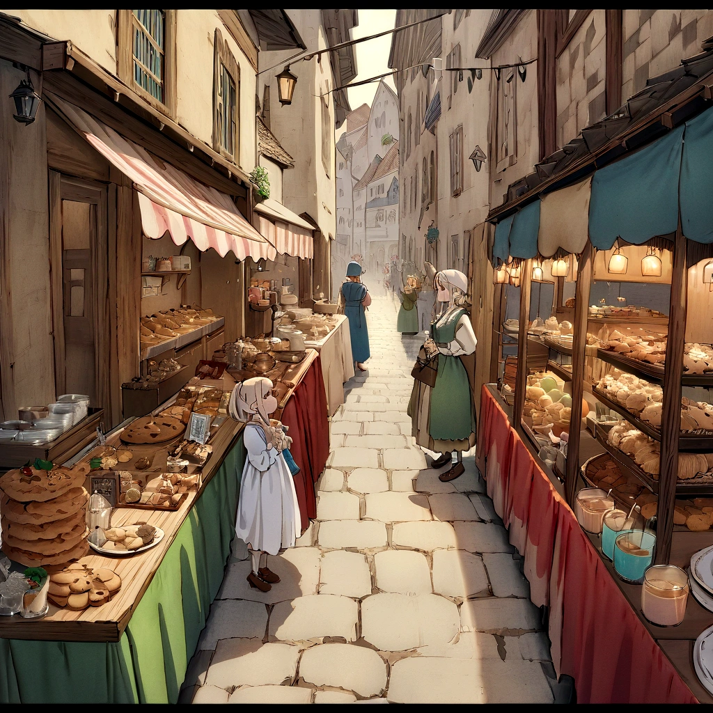 ((((masterpiece, Best Quality, High resolution)))), High detail, manga，anime，Illustrated style，Use of bright colors，Ghibli Studio「Howl&#39;s Moving Castle」The colors are like those used in daytime scenes., アイシングcookie,cookie,肉の絵が描かれたcookie,ビールの絵が描かれたcookie,肉とビールの絵が描かれたアイシングcookie,,,Medieval European fantasy worldview,  Bustling food stalls,Lots of food stalls，There is no one，