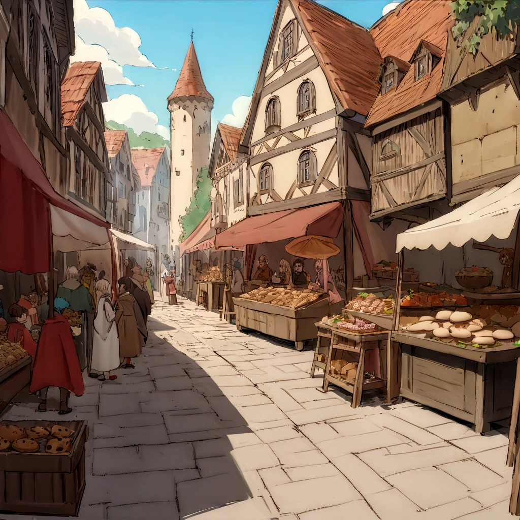 ((((masterpiece, Best Quality, High resolution)))), High detail, manga,anime,Illustrated style,Use of bright colors,Ghibli Studio「Howl's Moving Castle」The colors are like those used in daytime scenes., アイシングcookie,cookie,肉の絵が描かれたcookie,ビールの絵が描かれたcookie,肉とビールの絵が描かれたアイシングcookie,,,Medieval European fantasy worldview, Bustling food stalls,Lots of food stalls,There is no one,