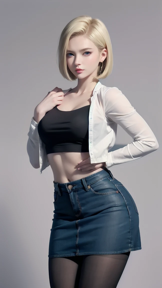 Android 18, Blonde hair, blue eyes, eyelash, earrings, short hair, earrings带, Black socks, Black shirt, 胸前的pocket, (Pantyhose),cleveage, clavicle, denim, denim skirt, High waist skirt, Jewelry, Long sleeve, pocket, shirt, shirt tucked in, skirt, stripe, stripe袖子, Vest,