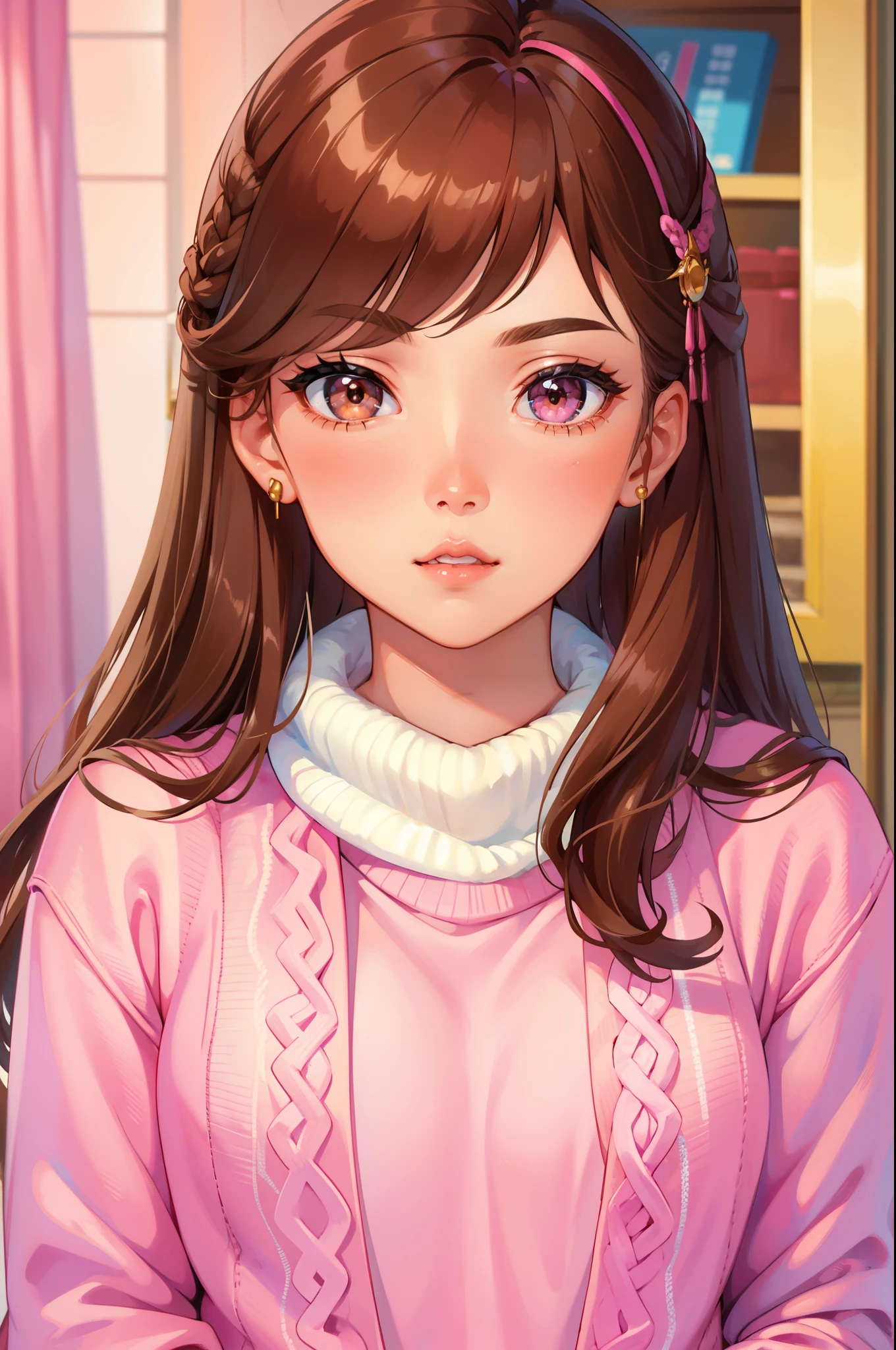 Girl, long brown hair, brown eyes, sharp features, white skin, bright pink lips, sweater