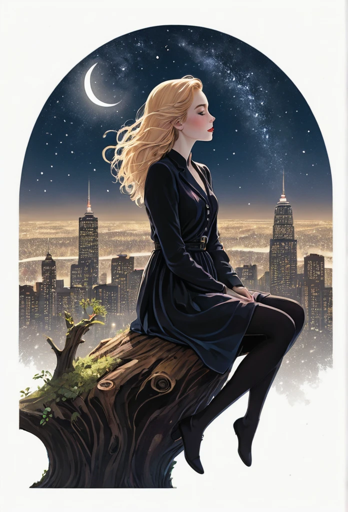 Octans, bathed in the soft glow of a star-studded sky, presents a captivating scenery. A small young woman with a pear-shaped body, ((narrow shoulders)), small breasts, ((narrow waist)), ((wide hips, and full, rounded thighs)). She has smooth, pale skin, long wavy strawberry blonde hair, large almond-shaped hazel eyes with thick dark lashes, a heart-shaped face, high cheekbones, a small upturned nose, and full rosy lips,, seated on the cold, worn-out stump of an ancient tree, gazes up at the night sky. Her locks cascade down her back like a cascade of black silk, blending in with the shadows cast by the cityscape behind her. The city, a silhouette against the starlit backdrop, is inhabited by towering buildings that pierce the milky way. A single, solitary cloud floats lazily across the sky, adding a touch of whimsy to the nocturnal scene. The night is crisp and quiet