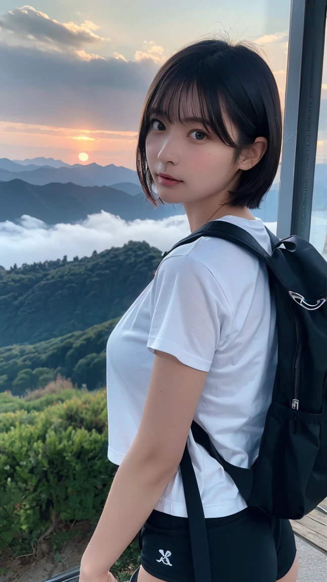 Highest quality, masterpiece, Ultra-high resolution, (Realistic:1.3), RAW Photos, (Nature landscape photography), (Majestic Mountain々The summit of the, sea of clouds), (On top of a very large mountain), (sunset), (One Girl), (Upper Body), (20-year-old), (smile:0.9), (Shiny skin), (short hair, Dark brown hair), (Completely naked), (pubic hair), (Carry a large backpack on your back), (Ultra detailed face), (Nipple erection:1.2), (Highly detailed eyes), (Highly detailed nose), (Highly detailed mouth), (Very skilled hands), (Super-detailed body), Sony a7, 85mm lens, f9.0, Pan Focus
、(Looking straight ahead、Face to face:1.3)、