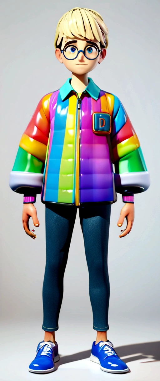 ((best quality)), ((masterpiece)), (detailed), perfect face Character, style, pixar, 3d, with straight blonde hair, blue eyes, clothes in the colors bank, black, blue, with the initials DS on the initials DS on clothing, adult clothes, full body, young man, round glasses