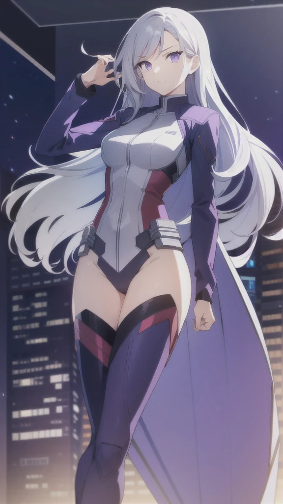1women, long silver hair, purple eyes, best quality, Pose sexy, captain america suit