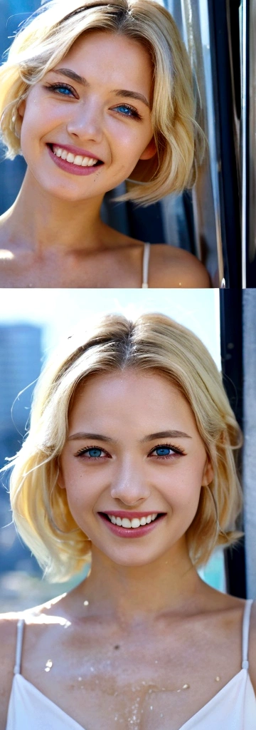 nsfw,masterpiece,8K,Photorealistic,Tabletop、Wet your hair、woman1people、Stunning Lady,beautiful breasts,big breasts,blue eyes,detailed eyes,light smile,Ash blonde hair、Medium Hair、glamorous,Wet white dress、valley,woman1people,(濡れた and shiny skin:1.3)、smile、Close your mouth、Water Drop、Urban business district、Skyscraper、looking at the camera、
