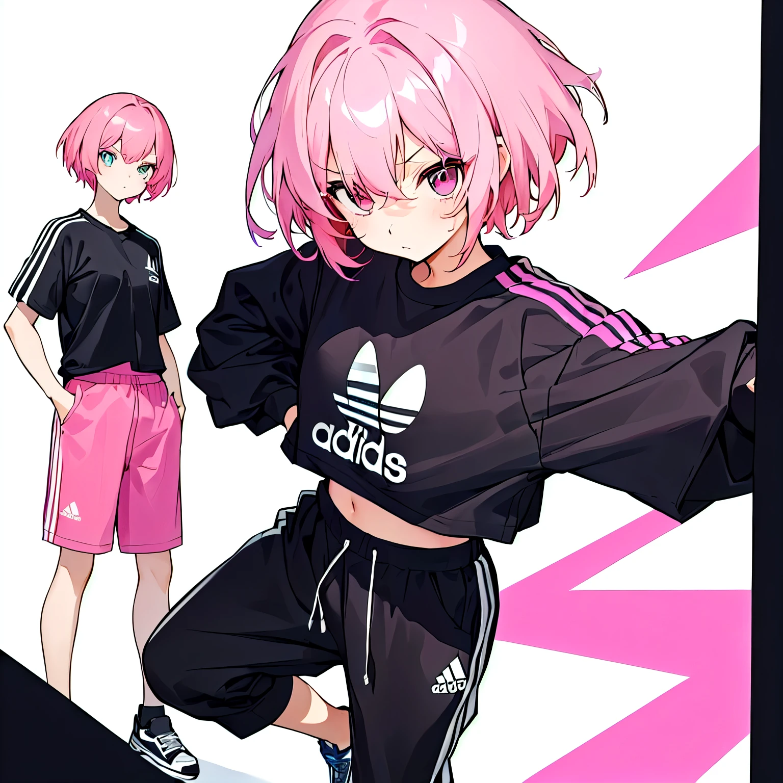 A cartoon image of a girl with pink hair and a black shirt, one person，black sports wear，Black sweatpants，Adidas，Sports Girl，アニメ，Second Dimension，one person，short hair，到肩膀的short hair，Standing，Hands in pockets，Stand Up Straight，