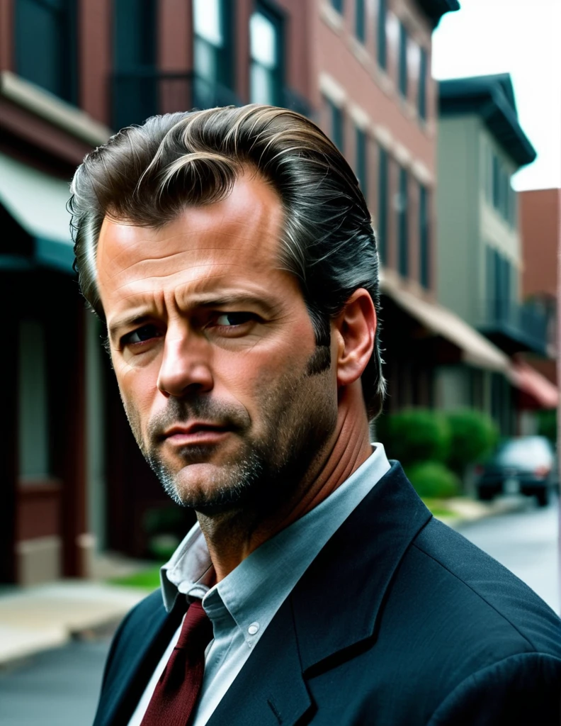 A 30 yo Daredevil Detective [Mel Gibson:Bruce Willis:0.5] Riggs, is scrutinizing his neighborhood, cinematic, professional movie scene, ultra sharp focus, shallow depth of field