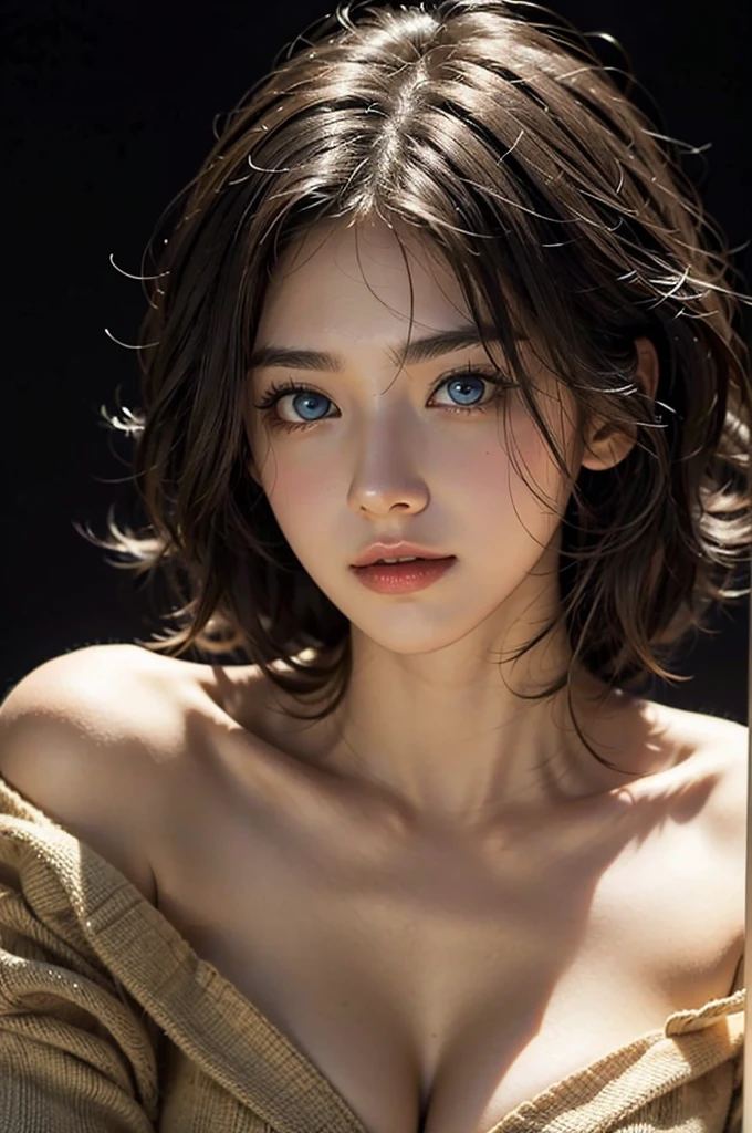 masterpiece, Highest quality, Super detailed, 複雑に詳細なSuper detailed, Realistic, Sharp features, Very detailed, Sharp focus, Perfect Face, Perfect Face, Perfect symmetrical perfect eyes, Perfect Plump Lips, Flexible female form, Cinematic, Film Light, Super detailed, hyper Realistic, High resolution, Vibrant, Dynamic Studio Lighting, ((Dark Background)), Sexy Face, The expression when receiving pleasure, Straight bangs, Big Breasts, Exposed cleavage, blue eyes, Off the shoulder, Cowboy Shot,
