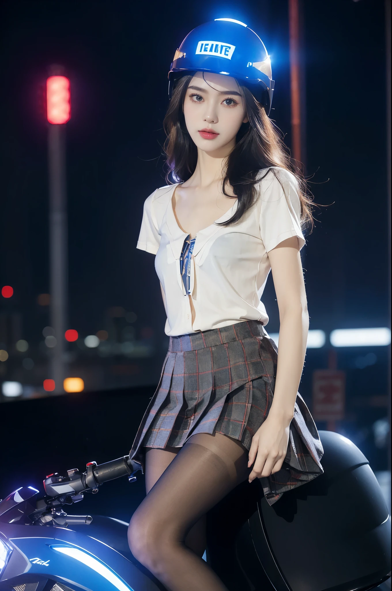 (((best quality))),(((ultra detailed))),(((masterpiece))),illustration,((1 beautiful girl,solo)),((slim,thin,small breasts,flat chest)),shoulder length straight hair,almond-shaped eyes, intense gaze, fair skin, subtle blush, full pink lips, confident smile,(white collared short sleeved shirt:1.3),Windsor knot on neck,((red plaid pleated skirt,slender legs,pantyhose)),deep blue hue, silver accents, form-fitting, low neckline, smooth skin,booties, urban scene, cyberpunk city, neon lights, tall buildings, LED signs, misty glow, dreamy ambiance, night sky, twinkling stars, electric atmosphere,(riding on a motorcycle:1.3), (safety helmet:1.3), vibrant atmosphere