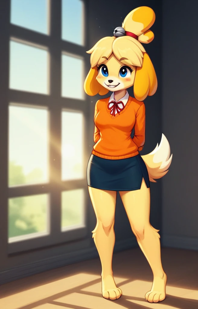 [isaCrossing], [Isabelle; Animal Crossing], [Uploaded to e621.net; (Pixelsketcher), (wamudraws)], ((masterpiece)), ((solo portrait)), ((front view)), ((feet visible)), ((furry; anthro)), ((detailed fur)), ((detailed shading)), ((beautiful render art)), {anthro; (yellow fur, black nose), small brown eyebrows, cute blue eyes, cute smile, (blushing), blonde hair, (bells in hair), topknot, fluffy tail, (beautiful feet)}, {(office woman), (red ribbon), (orange sweater), small , (short green pencil skirt)}, {(arms behind back), (standing), (pigeon-toed)}, [background; (office), (window), (sun rays)]