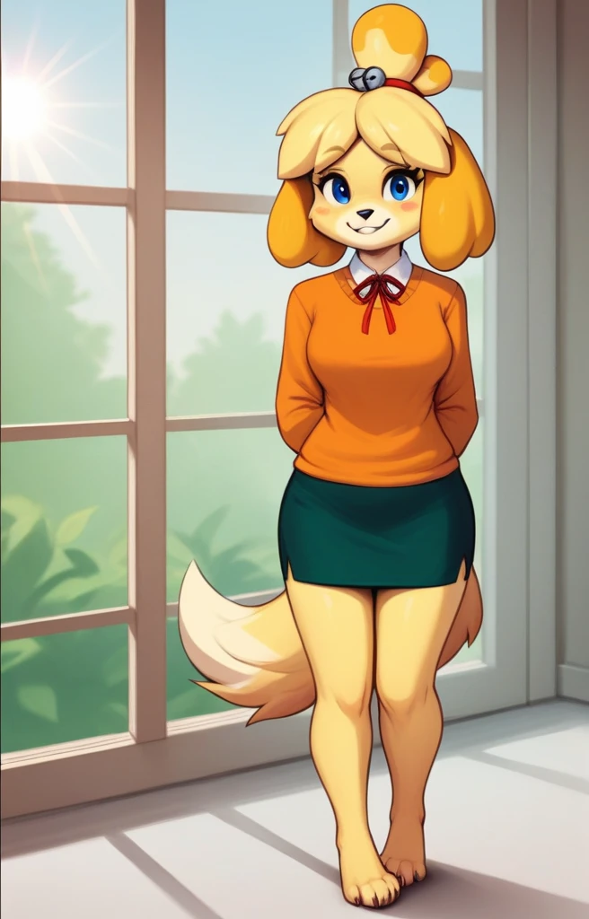[isaCrossing], [Isabelle; Animal Crossing], [Uploaded to e621.net; (Pixelsketcher), (wamudraws)], ((masterpiece)), ((solo portrait)), ((front view)), ((feet visible)), ((furry; anthro)), ((detailed fur)), ((detailed shading)), ((beautiful render art)), {anthro; (yellow fur, black nose), small brown eyebrows, cute blue eyes, cute smile, (blushing), blonde hair, (bells in hair), topknot, fluffy tail, (beautiful feet)}, {(office woman), (red ribbon), (orange sweater), small , (short green pencil skirt)}, {(arms behind back), (standing), (pigeon-toed)}, [background; (office), (window), (sun rays)]