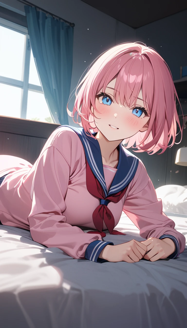 (Fit Body:1.1),(glistening skin:1.1),(pale skin:1.1),(Best Picture Quality, 8K, Masterpiece:1.3),(high school student:1.5), (pink medium hair), (bob cut), (slant skyblue eyes),Serene Bedroom Setting, Professional Lighting, Very Detailed Skin And Hair, Lying In Bed, (serafuku:1.3), beguiling expression, (super clear:1.5),light pigmented