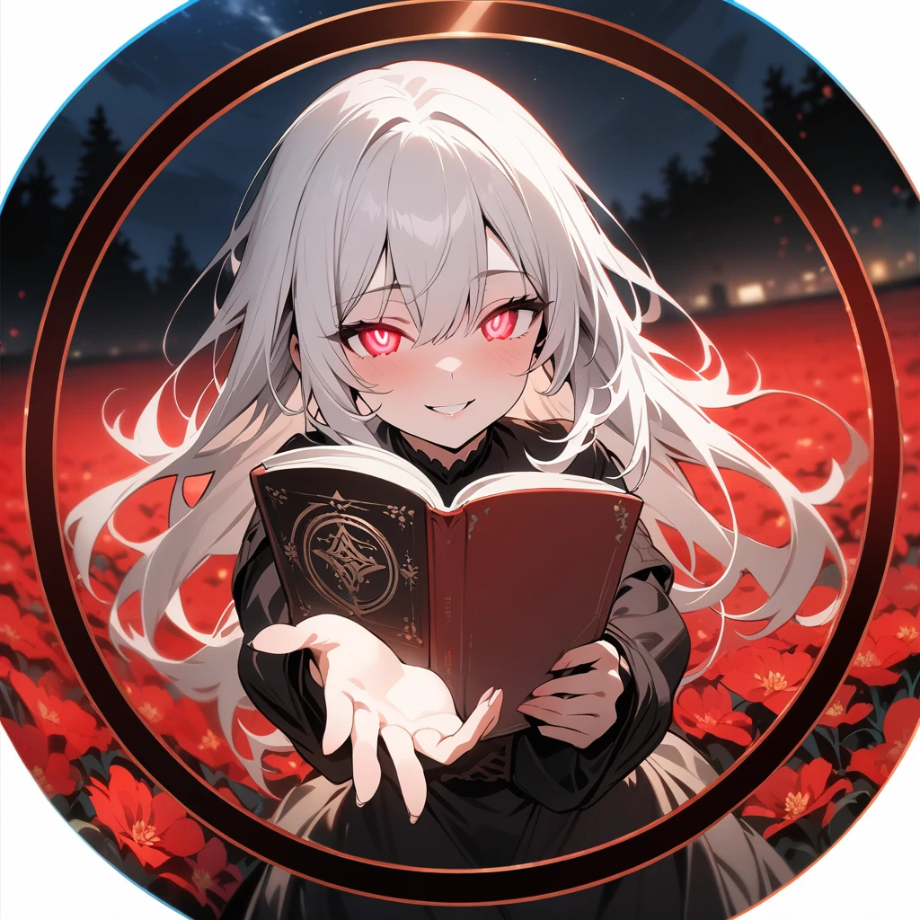 (circle frame1.7),1woman, reaching her hand at the viewer, naughty smile, glowing eye, long white hair, red flowers field , night ,masterpiece, best quality,reading  book, circle frame,
