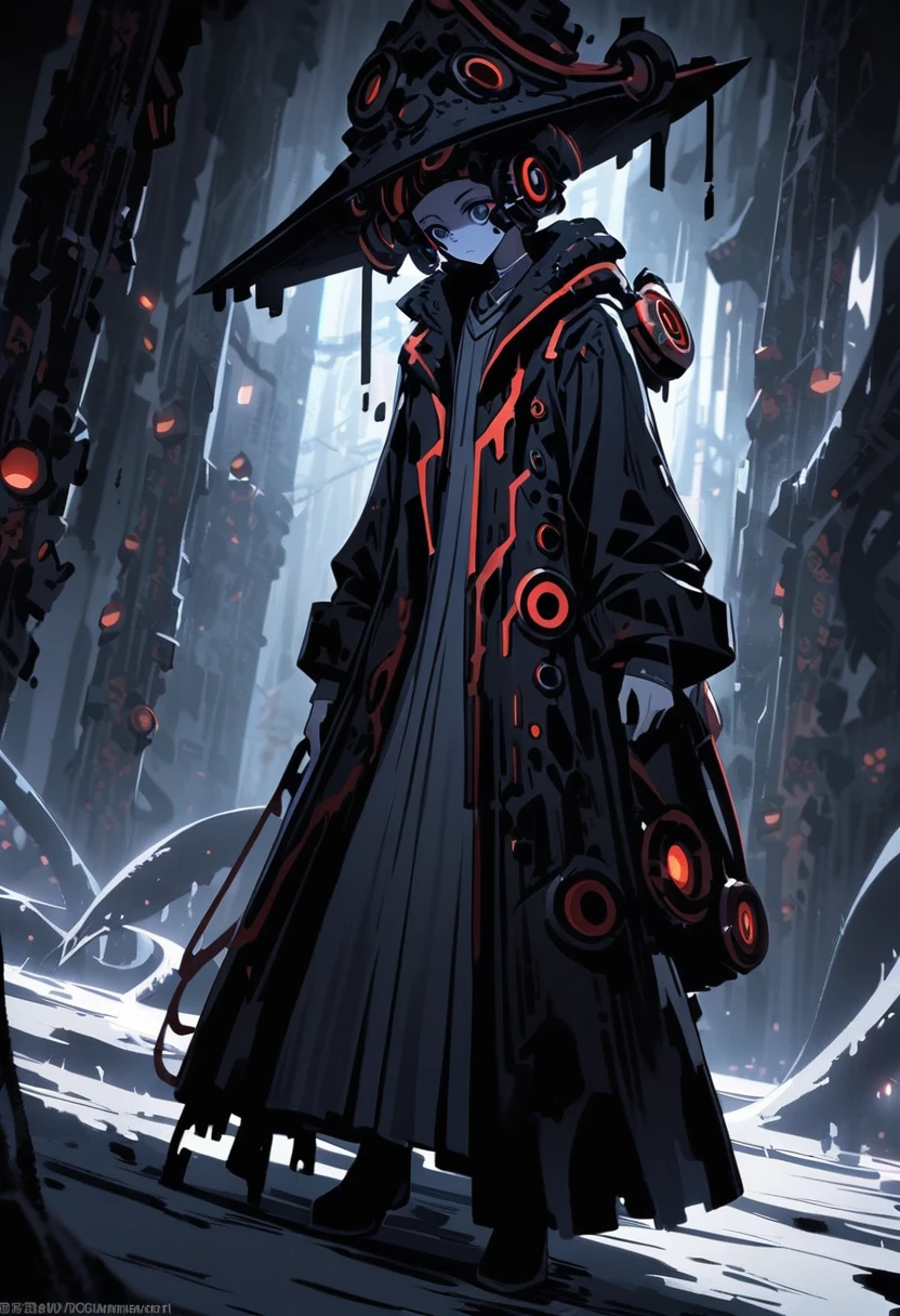 (dark biopunk art), (tentacle biopunk atmosphere), (gloomy biopunk girl), dark biopunk girl, pale skin, tall biopunk hat, long clothes, beacon environment, (dark lighting), many shadows, cold lights, biopunk
