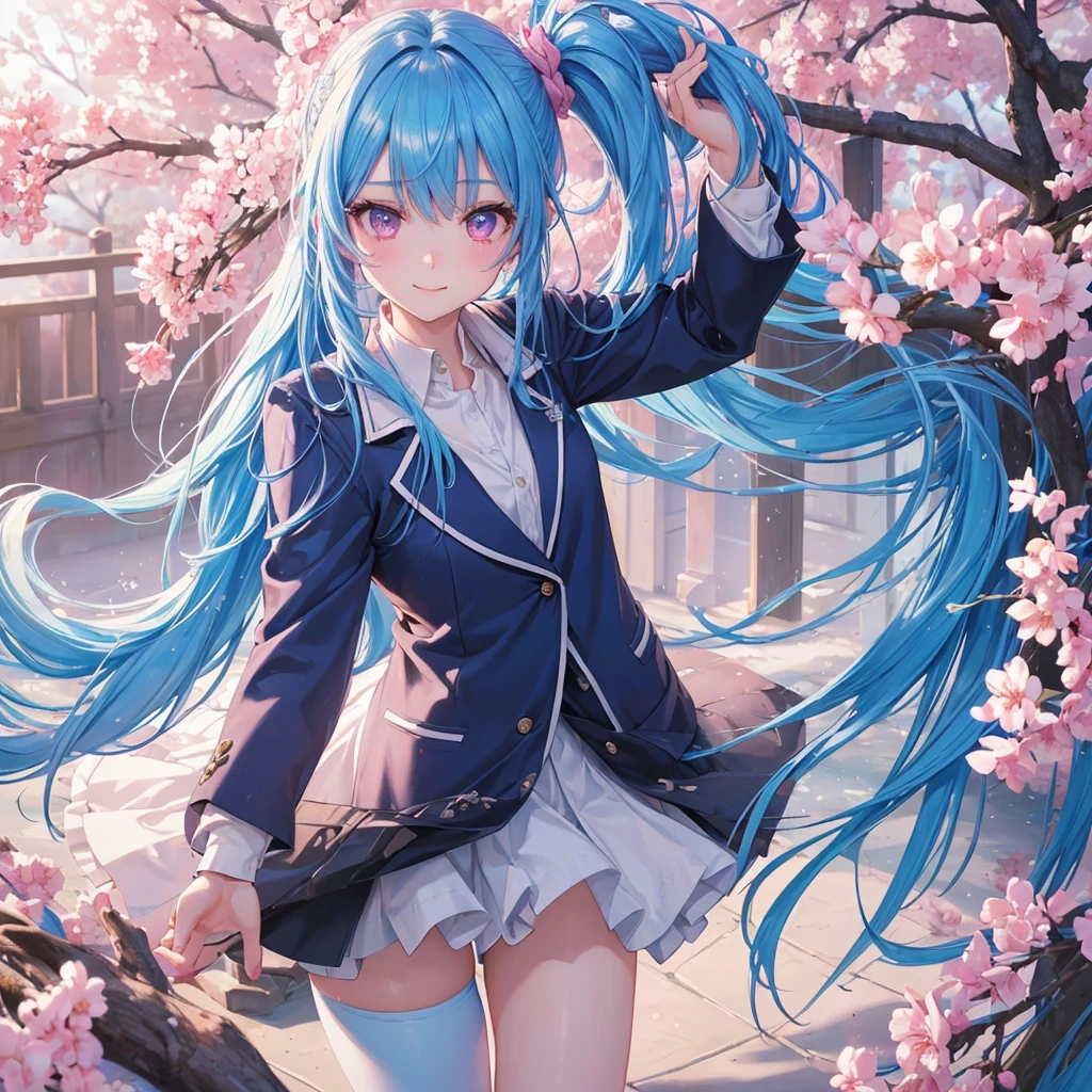 Sky blue hair, Braided Ponytail,(Pink Eyes),Fair skin ,whole body,(1 Girl),Smile,spring, cherry blossoms, Knee-high socks for school, blazer, Straight bangs,(masterpiece, Highest quality, Super detailed, Best Shadow), (Detailed Background), (Beautifully detailed face), High Contrast, (Best lighting, Very delicate and beautiful), ((Cinematic Light)), colorful, Hyper Detail, Dramatic Light, Intricate details,sunshine,Leaning forward,high quality,