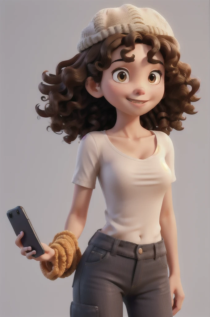 A brunette woman with curly hair wearing a Thai cap holding an iPhone with soft lighting on a white background looking straight