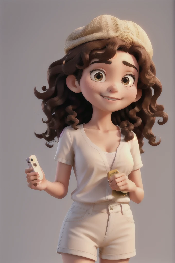 A brunette woman with curly hair wearing a Thai cap holding an iPhone with soft lighting on a white background looking straight