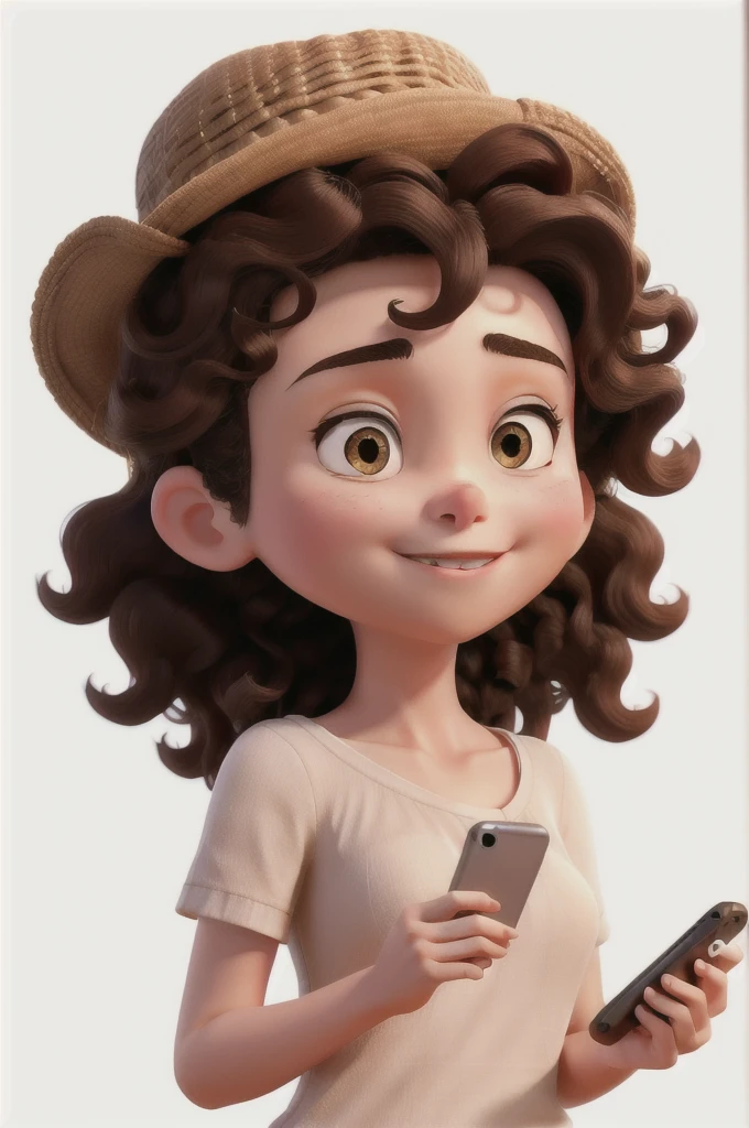 A brunette woman with curly hair wearing a Thai cap holding an iPhone with soft lighting on a white background looking straight