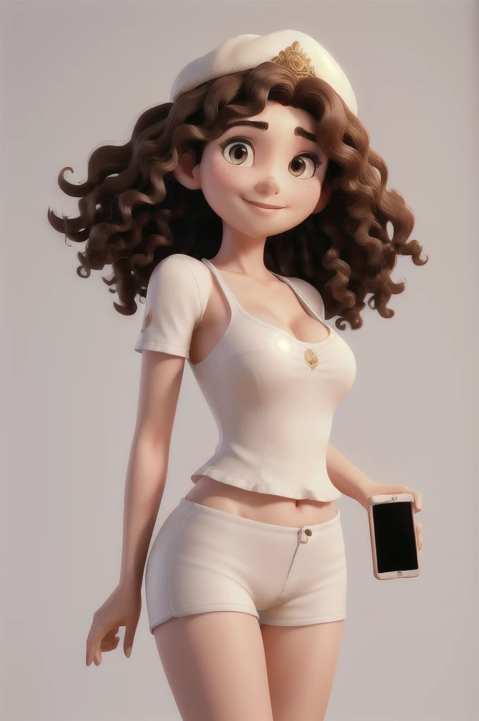 A brunette woman with curly hair wearing a Thai cap holding an iPhone with soft lighting on a white background looking straight