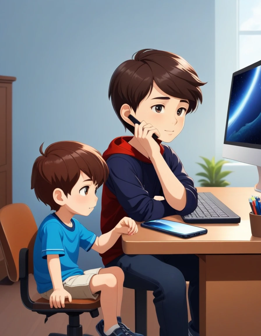((Highest quality)), ((masterpiece)), (detailed), In the room, a boy is sitting at a desk with a computer on it.、Looking at a smartphone