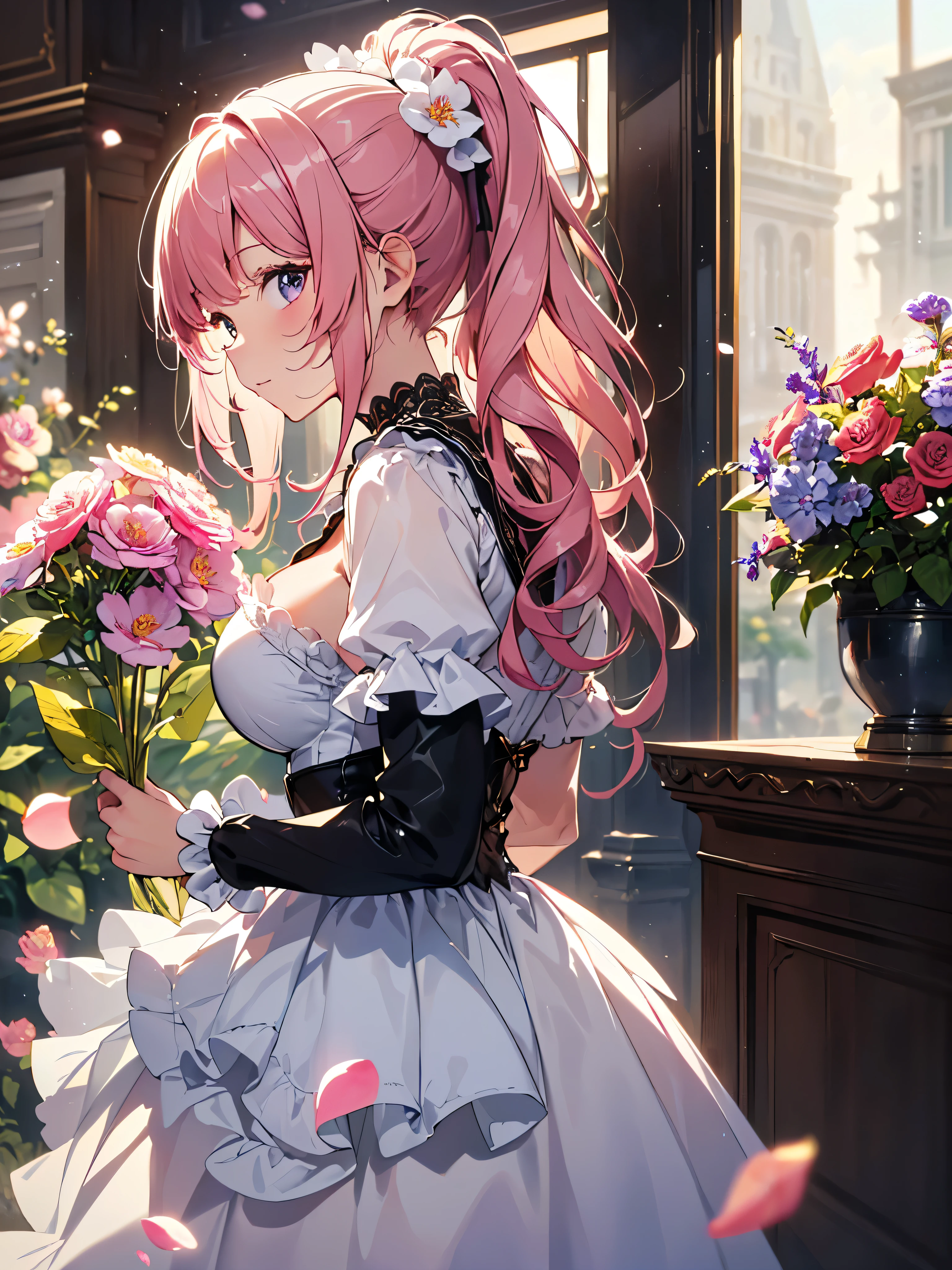 (((Ultra gorgeous  beautiful dress is rococo style bawlgawn with, hoopskirt and long hems))), (solo lady:1.2) is cute and very beautiful, (fluffy ponytail pink hair:1.2:Expressive hair:1.2:very voluminous long hair:1.2), bangs, happy smile, ((huge breasts)), (cowboy shot, from side view), (squat:1.2), (moe anime art style:1.1), (dutch angle:1.5), (masterpiece:1.2:ultra detailed:1.2), (an extremely delicate and beautiful:1.2), (depth of field:1.9), (blurry background:1.2), ((so many colorful flowers)), (Flowing petals:1.5)