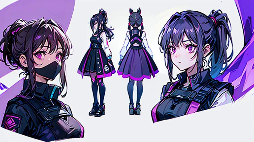 reference sheet, model sheet,(multiple views, [from behind|from side|from front|close-up|upper body|portrait]:1.2),One girl,human, Dark hair with purple strands, Ponytail, purple eyes, black outfit,wearing bulletproof vest,background white, masterclass,refined,masterpiece,8k,sharp,clean.