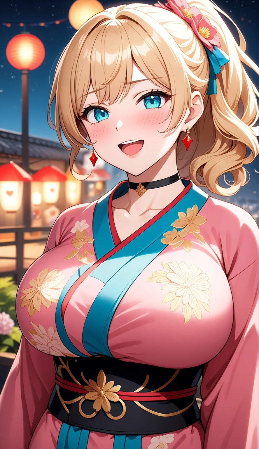 ((One personの女性)), Beautiful Face,(Laughing embarrassedly), (naughty face:1.2), ((Wink:1.9)), (head tilt:1.3), Laughing with your mouth open, upper teeth, ((full-face blush:1.5)), looking at viewer, Glossy Red Lips, (Shining Face), ((Anime style background)) , night, Observatory, Festival decorations, firework, ,masterpiece, Highest quality, so beautiful,up to date, Complex details, (Pink long nails),(ring),(bracelet),(choker),AI-generated, Complex,High resolution, Highest quality, super high quality,3D Images、3D Images,One person,Long blonde hair,ponytail, wavy hair ,写真のポーズをとるAnime Women, ((Fine grain、Turquoise Eyes、Shining Eyes:1.3)), (Squint your eyes:1.1),a hyperRealistic , hyperRealistic , Realistic,Anime Women, Smooth anime CG art, A woman in a colorful kimono with gold embroidery, (Pink long sleeve kimono),Red floral pattern,Long flower hair ornament,Earrings,Mature Body,(Big Breasts:1.1),Tall,Abdominal muscles,Tight waist,(face focus:1.3), ((front view)),