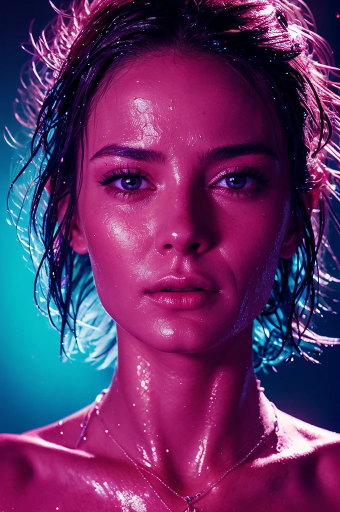 portrait of female face, neon lighting, extreme skin detail, vibrant, wet look skin, dynamic and editorial, necklace and jewellery