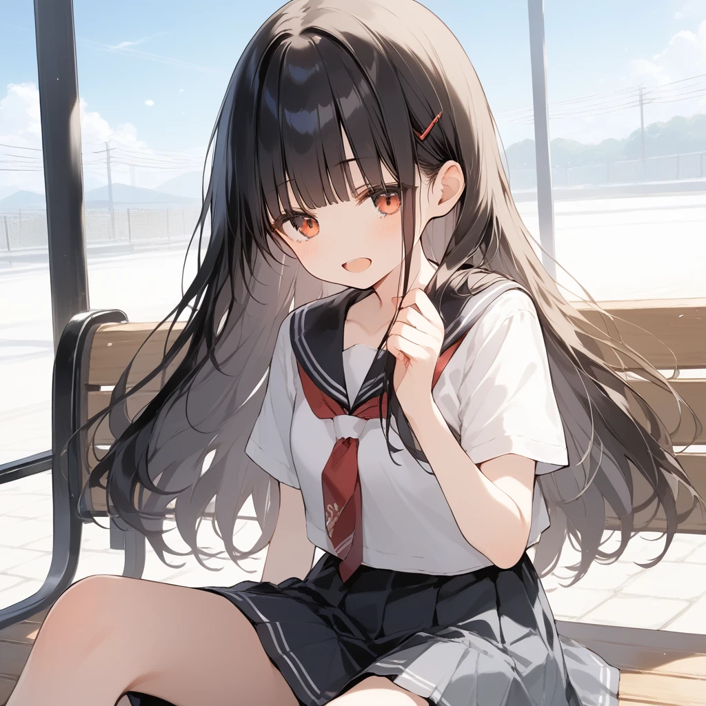 score_9, score_8_up, score_7_up, source_anime, best quality, masterpiece, official art, absurdres, highres, ultra-detailed,waifu2x,Collection: Slice of Life,break,1girl, long hair, straight hair, black hair, blunt bangs, small breasts, slender, beautiful detailed eyes, school_uniform,  open mouth, (yawn:0.3), sleepily, sitting, bench, outdoors, wind, break,(clear line illustration:1.2),very high resolution, very aesthetic, super detailed skin, Best sexual lighting powered by famous artist, 8k,cute picture,beauty illustration,photoshop_(medium),,(Detailed Lighting),best anime 8k konachan wallpaper, pixiv contest winner, 