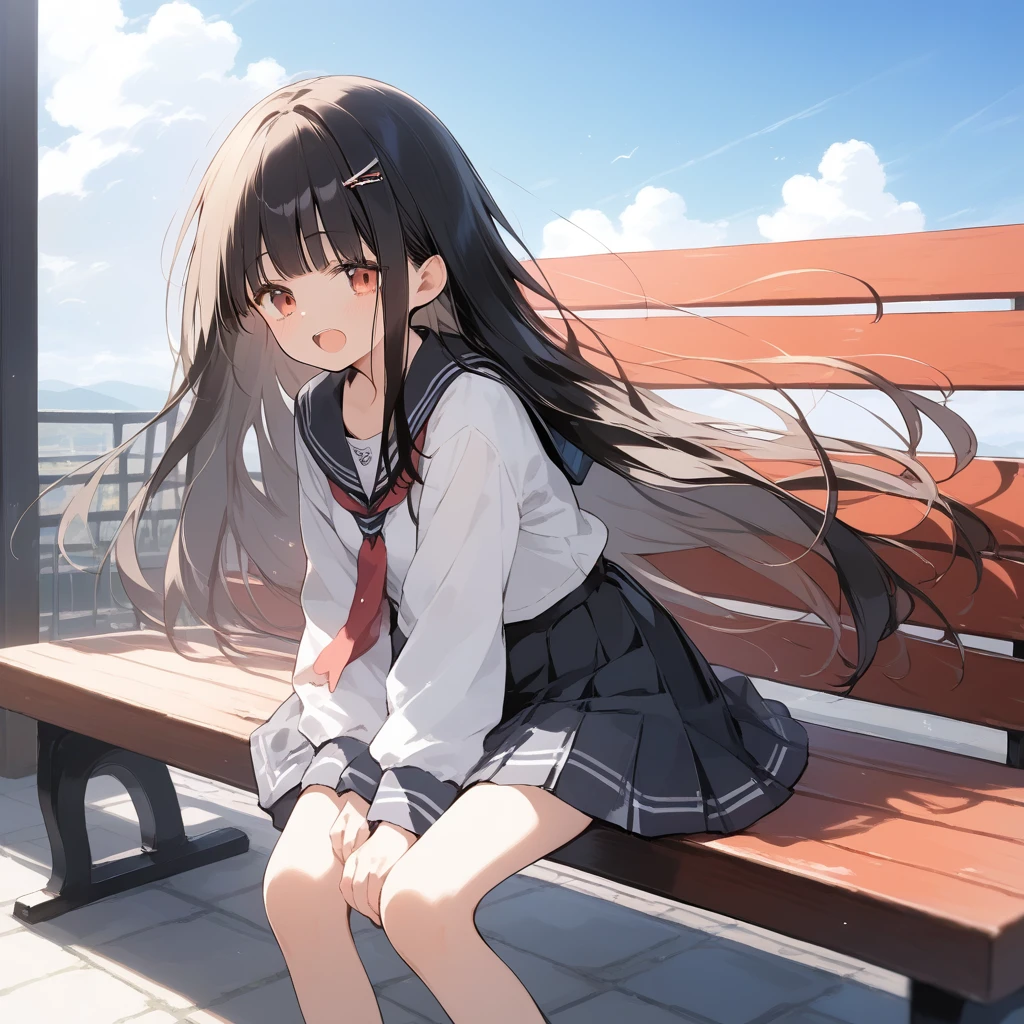score_9, score_8_up, score_7_up, source_anime, best quality, masterpiece, official art, absurdres, highres, ultra-detailed,waifu2x,Collection: Slice of Life,break,1girl, long hair, straight hair, black hair, blunt bangs, small breasts, slender, beautiful detailed eyes, school_uniform, open mouth, (yawn:0.3), sleepily, sitting, bench, outdoors, wind, break,(clear line illustration:1.2),very high resolution, very aesthetic, super detailed skin, Best sexual lighting powered by famous artist, 8k,cute picture,beauty illustration,photoshop_(medium),,(Detailed Lighting),best anime 8k konachan wallpaper, pixiv contest winner,