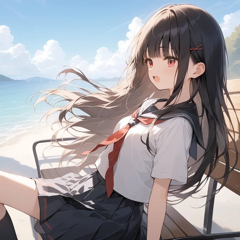 score_9, score_8_up, score_7_up, source_anime, best quality, masterpiece, official art, absurdres, highres, ultra-detailed,waifu2x,Collection: Slice of Life,break,1girl, long hair, straight hair, black hair, blunt bangs, small breasts, slender, beautiful detailed eyes, school_uniform, open mouth, (yawn:0.3), sleepily, sitting, bench, outdoors, wind, break,(clear line illustration:1.2),very high resolution, very aesthetic, super detailed skin, Best sexual lighting powered by famous artist, 8k,cute picture,beauty illustration,photoshop_(medium),,(Detailed Lighting),best anime 8k konachan wallpaper, pixiv contest winner,