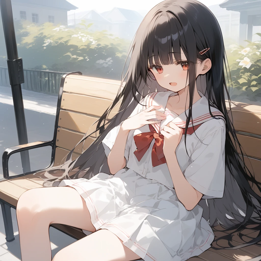 score_9, score_8_up, score_7_up, source_anime, best quality, masterpiece, official art, absurdres, highres, ultra-detailed,waifu2x,Collection: Slice of Life,break,1girl, long hair, straight hair, black hair, blunt bangs, small breasts, slender, beautiful detailed eyes, school_uniform,  open mouth, (yawn:0.3), sleepily, sitting, bench, outdoors, wind, break,(clear line illustration:1.2),very high resolution, very aesthetic, super detailed skin, Best sexual lighting powered by famous artist, 8k,cute picture,beauty illustration,photoshop_(medium),,(Detailed Lighting),best anime 8k konachan wallpaper, pixiv contest winner, 