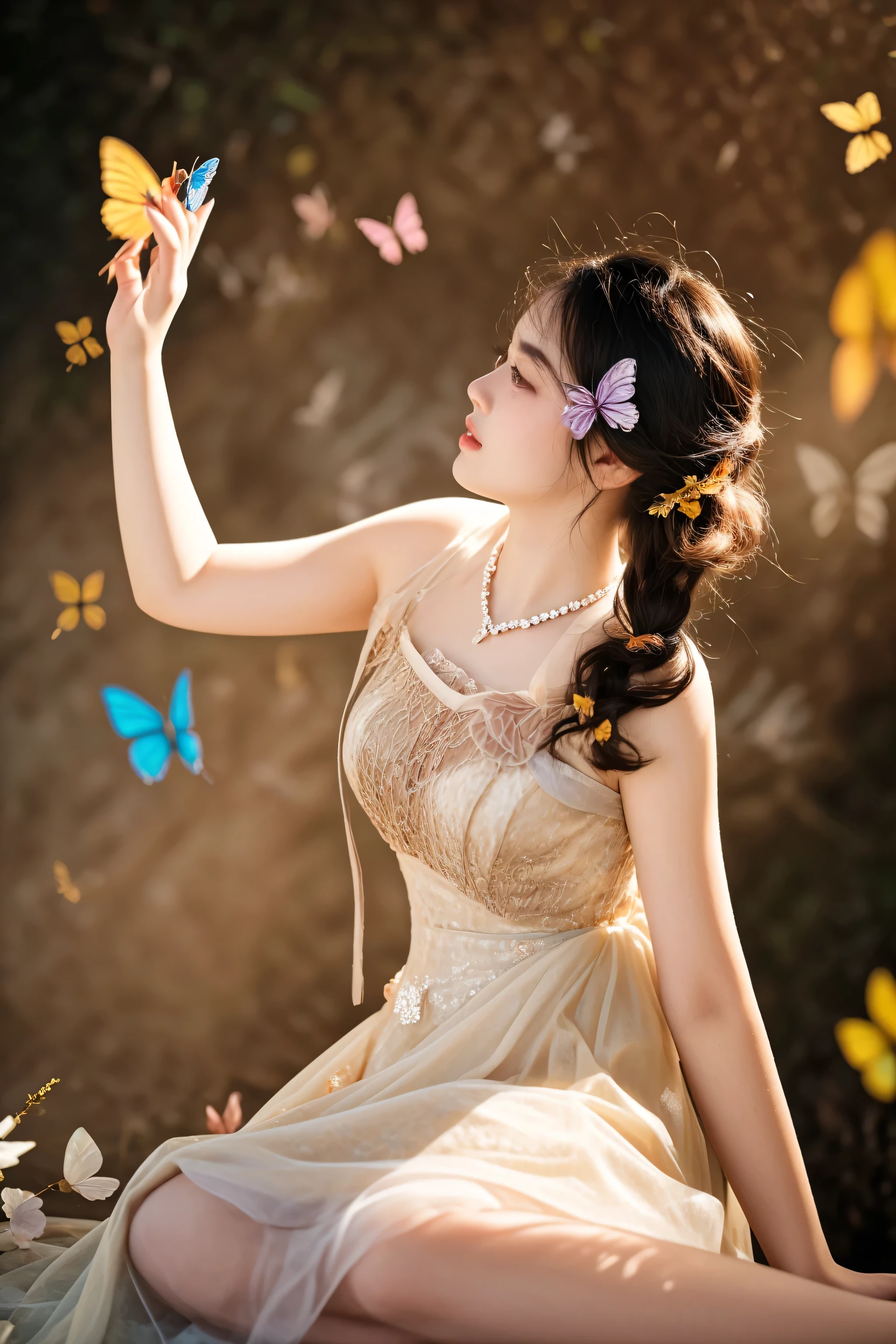 there is a woman sitting on the ground with a butterfly in her hand, fantasy photoshoot, photo taken with nikon d750, photo taken with nikon d 7 5 0, a stunning young ethereal figure, modeling photography, harmony of butterfly, fantasy photography, moth inspired dress, ethereal beauty, ethereal fantasy, fashion photograhy, beautiful adult fairy, portrait shot