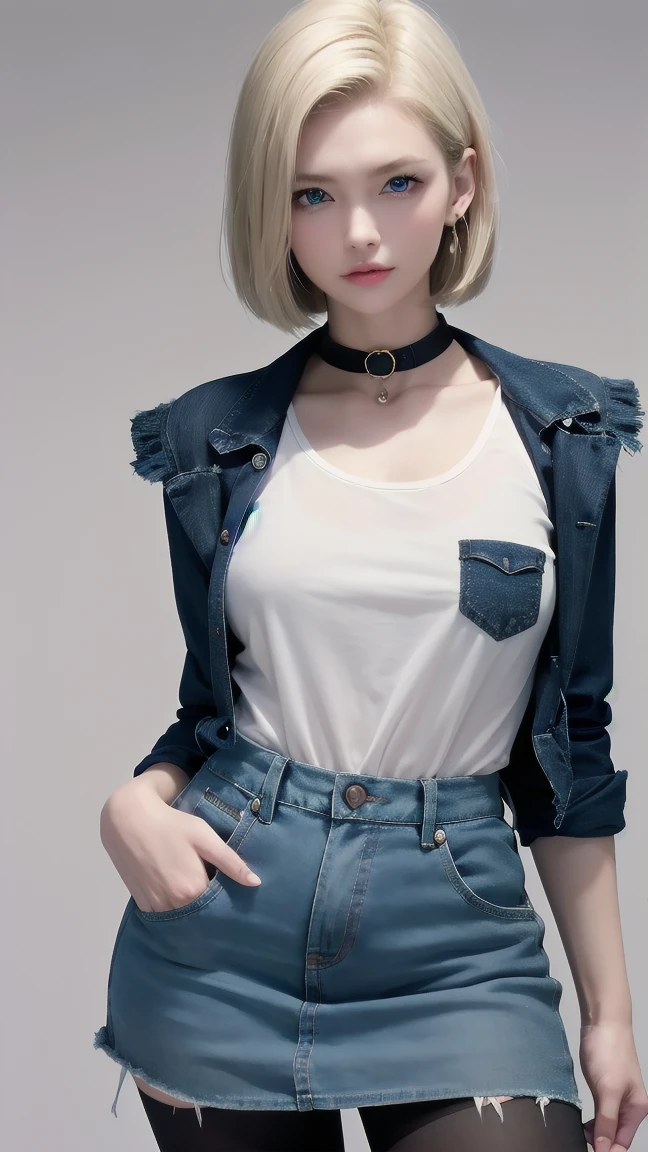wallpaper，32k，Real shot，Android 18, Blonde hair, blue eyes, eyelash, earrings, short hair, earrings带, Collar，shirt, 胸前的pocket, (Pantyhose), clavicle, denim, denim skirt, Jewelry, Long sleeve, pocket, shirt, shirt tucked in, skirt, stripe, stripe袖子, Vest,
