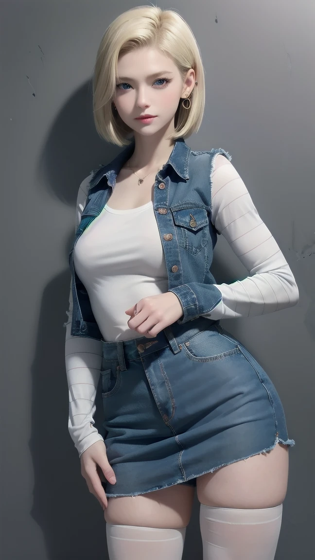 wallpaper，32k，Real shot，Android 18, Blonde hair, blue eyes, eyelash, earrings, short hair, earrings带, Collar，shirt, 胸前的pocket, (Pantyhose), clavicle, denim, denim skirt, Jewelry, Long sleeve, pocket, shirt, shirt tucked in, skirt, stripe, stripe袖子, Vest,
