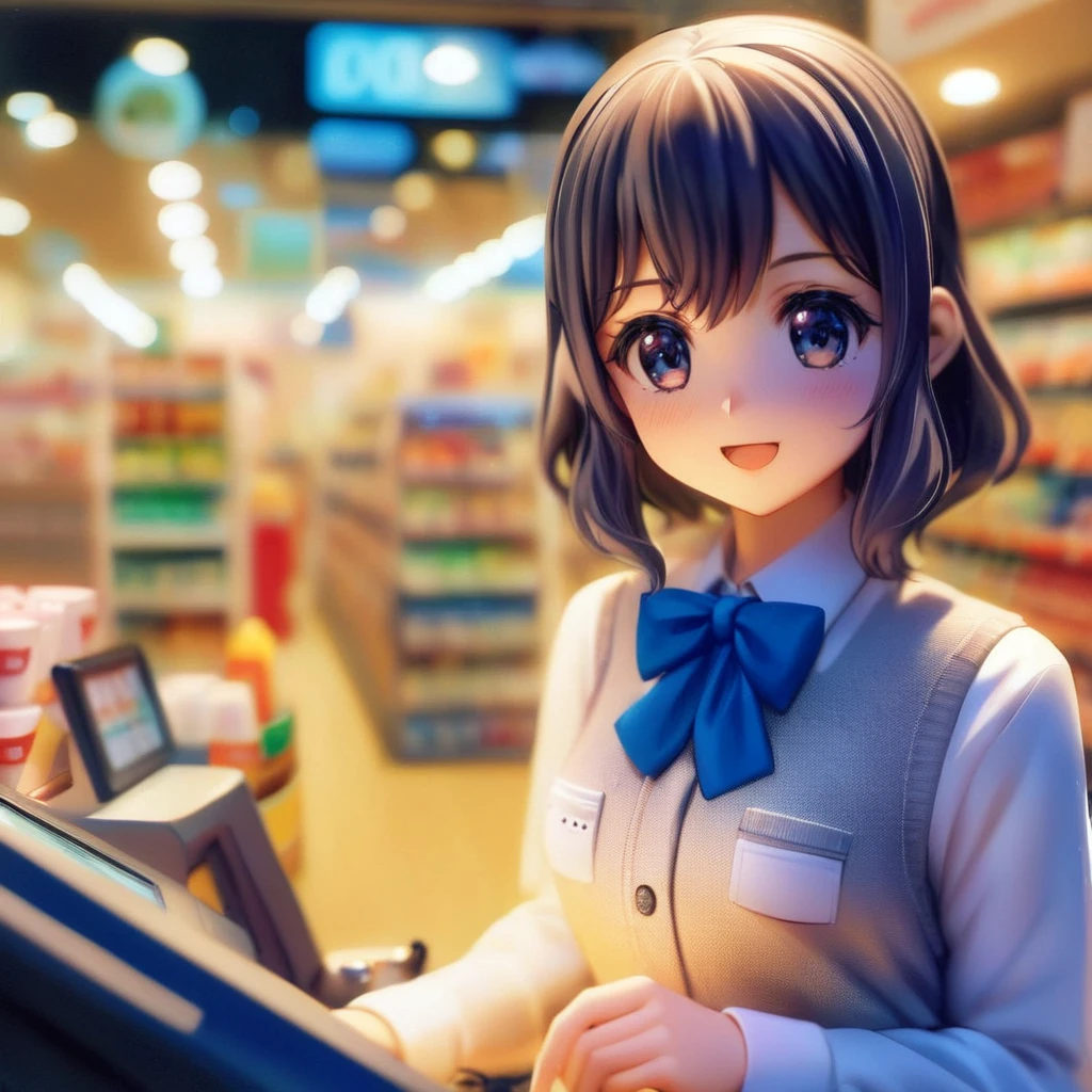 close up face, a ultra detailed cute moe anime, Convenience stores are open 24 hours. a brightly lit store coloring the street even late at night. Inside the store, a variety of products are lined up, and beyond the cash register, you can see the figure of a clerk ready to welcome customers at any time.