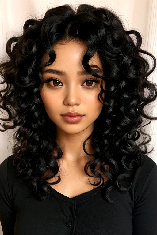 A beautiful and amazing 30 year old indonesian woman,portrait of upper body,Free curls, Black curly hair, (dark shorter curly hair), Wild black long curly hair, multiversal hair, Brazilian, Short black curly hair, Curly black hair, Curls, wavy hair spread out, Baroque curls, curlies, curly, Fair curly hair, Hair texture, curly bang