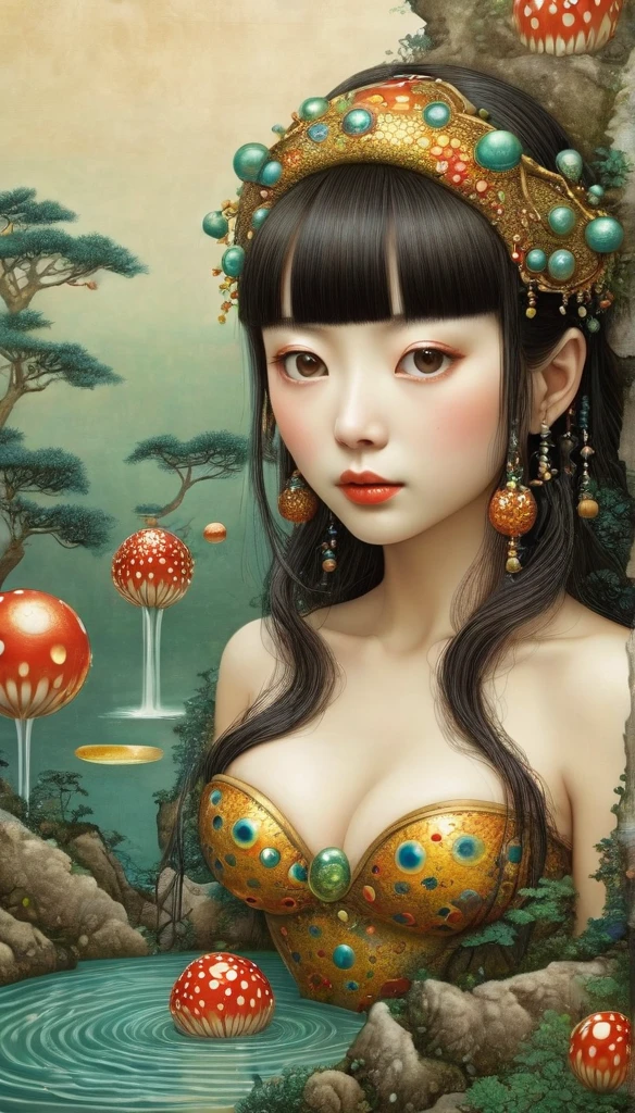 magical, Mysterious and surreal（The fountain），the ultra-detailed, ，Draw beautiful digital illustrations，james r style ，by Amy Sole, author：naoto hattori，yayoi kusama, by Ghibli Studio，NO borders ，