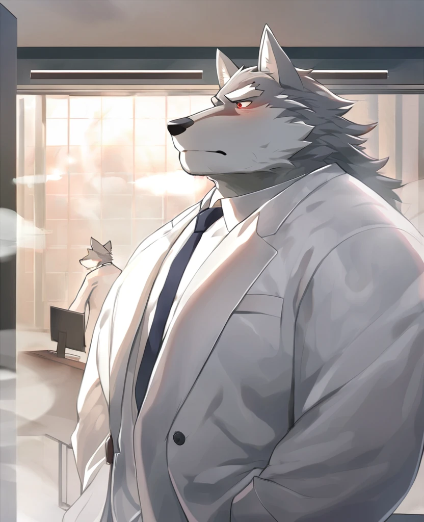 Wolf,personification,Mature male,Strong Man,Gray hair,naked,Sleepy and hazy,Red pupil,White eyebrows,White suit suit,Hands in pockets,The Age of Steam,office。