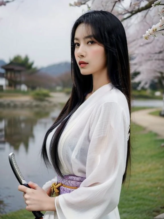 "An elegant Asian female samurai in traditional attire, with long flowing hair, stands gracefully upright. She holds a katana sword with one hand, her gaze filled with determination and courage. The background features a serene Japanese landscape, with blooming sakura trees creating a peaceful yet spirited samurai atmosphere, sexy, bigboobs."