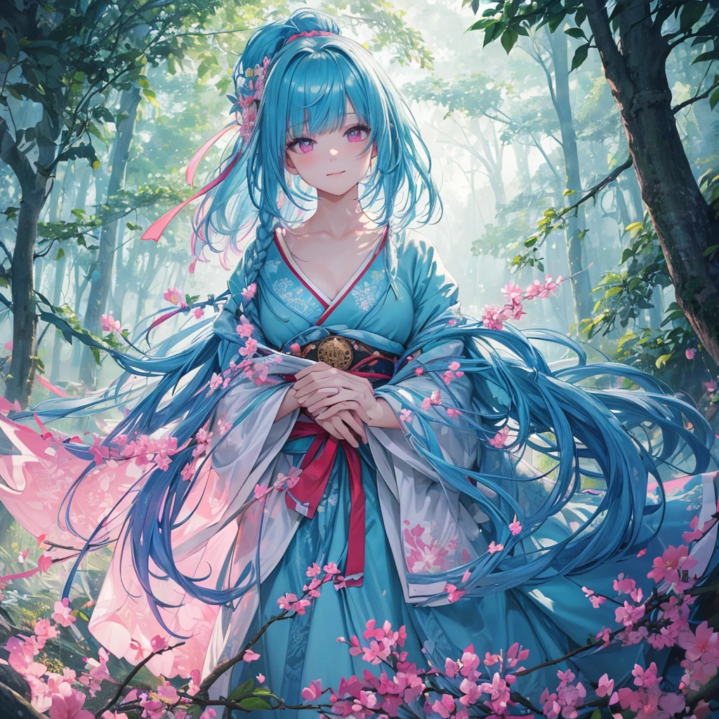 sky Blue hair, (braided ponytail),(pink eyes),fair skin ,(full body),1 girl,smile,white red kimono,Fresh green forest,Forest Goddess,Straight Bangs,(masterpiece, best quality, ultra-detailed, best shadow), (detailed background), (beautiful detailed face), high contrast, (best illumination, an extremely delicate and beautiful), ((cinematic light)), colorful, hyper detail, dramatic light, intricate details,guardian of the forest,Leaf Blizzard,high quality,