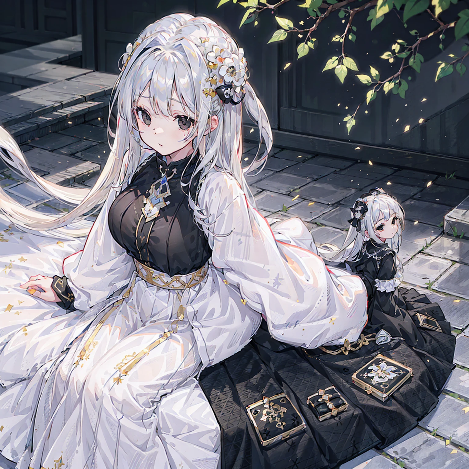 (Top image quality)、(Ultra Detailed)、(Facing forward)、top quality、masterpiece、(((1 girl:1.5)))、Silver Hair、white hair、((Long hair))、(black eyes:1.6)