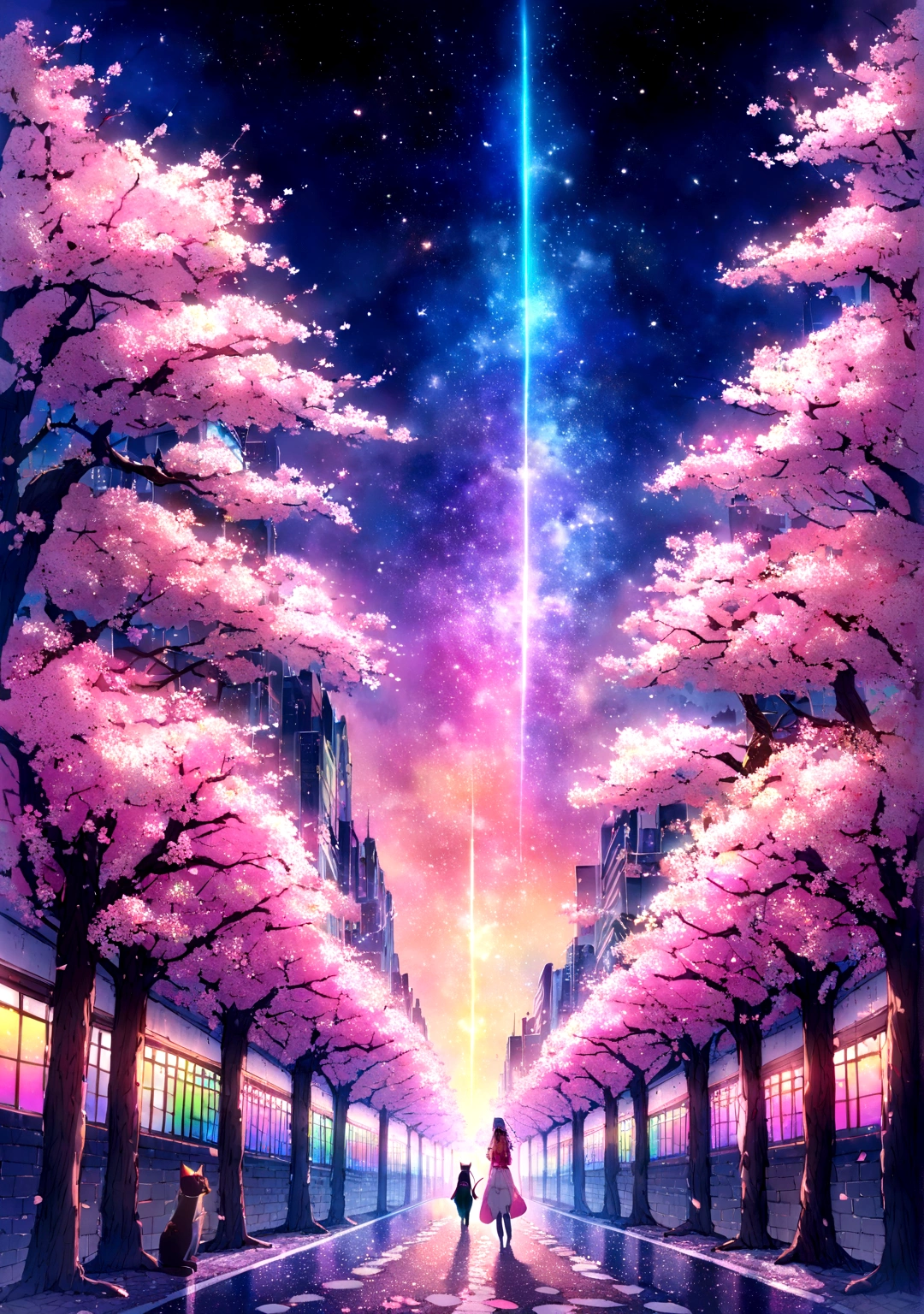 , A cat stands in a breathtaking street , Vibrant cherry blossoms and enchanting cherry blossom trees々Surrounded by a kaleidoscope of, (Walk along a road lined with blooming cherry blossoms:1.2),(Skyscraper:0.6) ,The starry sky above is lit up with strange, colorful hues of light., Creates a fantastic atmosphere