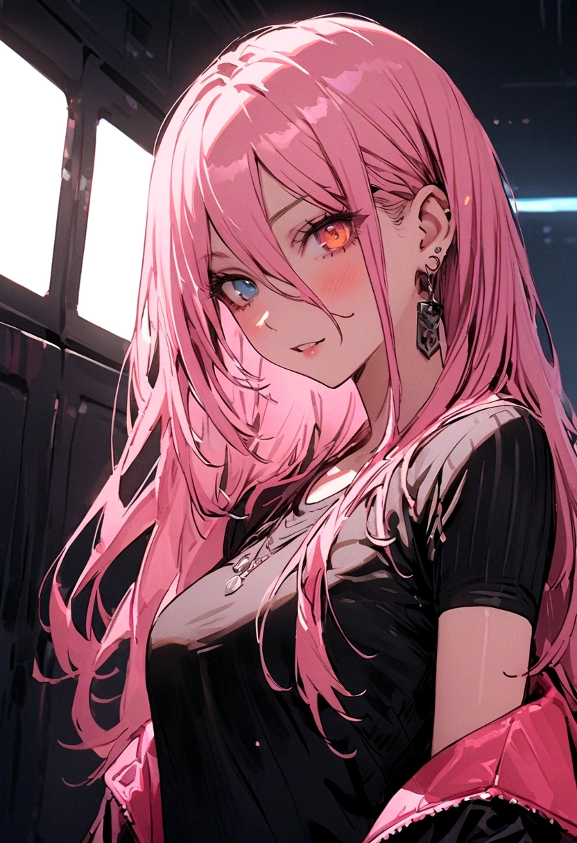 Cyberpunk, Girl, 1girl, Beautiful lady in office black shirt with buttons and shorts, office like longer pink coat, long pink hair, Multi-colored hair, multi-colored eyes, heterochromia, tall, thin, beautiful lady, perfect body, slim, blueeyes, office suit, elongated, Prominent Jaw, Thin girl, skinny girl, perfect skinny girl, teen, ************, 