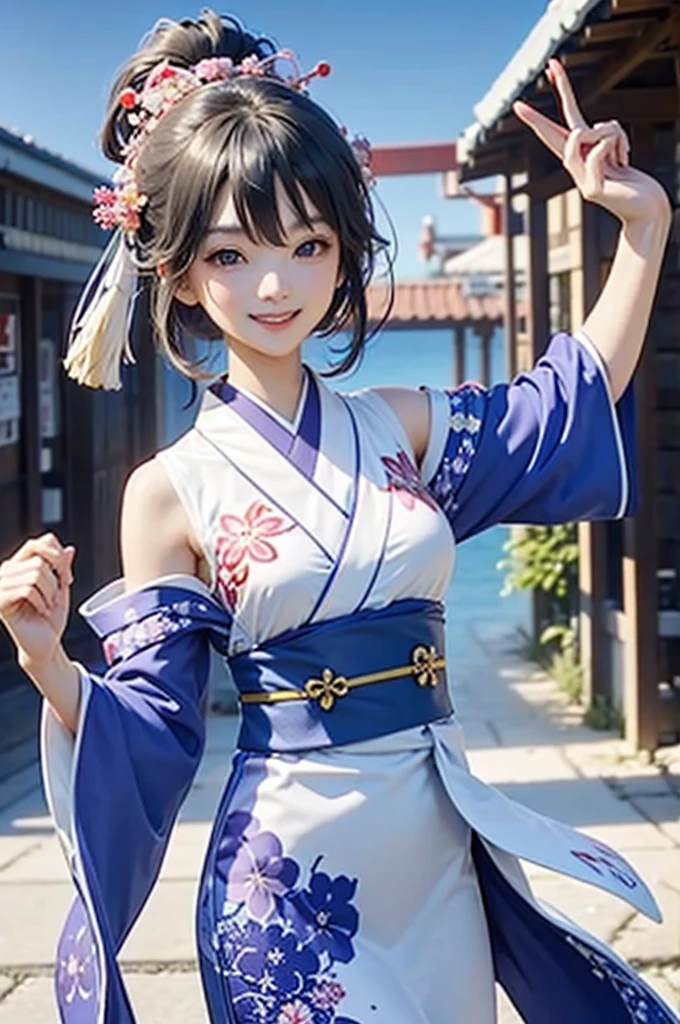 A beautiful smiling woman in a kimono greets people with a cheerful "Good morning" as her arms open under the blue sky