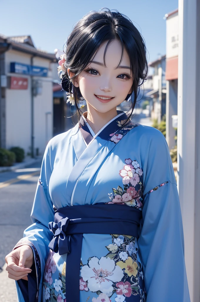 A beautiful smiling woman in a kimono greets people with a cheerful "Good morning" as her arms open under the blue sky