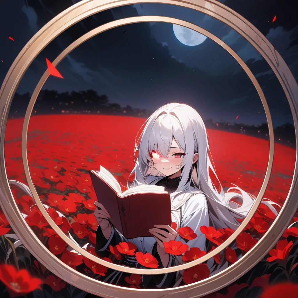 (circle frame1.7),1woman, naughty smile, glowing eye, long white hair, red flowers field , night ,masterpiece, best quality,reading book, circle frame,