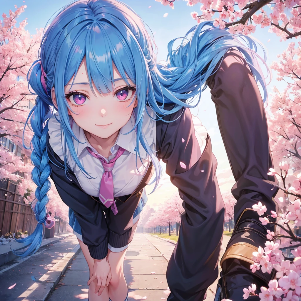 Sky blue hair, Braided Ponytail,(Pink Eyes),Fair skin ,whole body,(1 Girl),Smile,spring, cherry blossoms, Knee-high socks for school, blazer, Straight bangs,(masterpiece, Highest quality, Super detailed, Best Shadow), (Detailed Background), (Beautifully detailed face), High Contrast, (Best lighting, Very delicate and beautiful), ((Cinematic Light)), colorful, Hyper Detail, Dramatic Light, Intricate details,sunshine,Leaning forward,high quality,