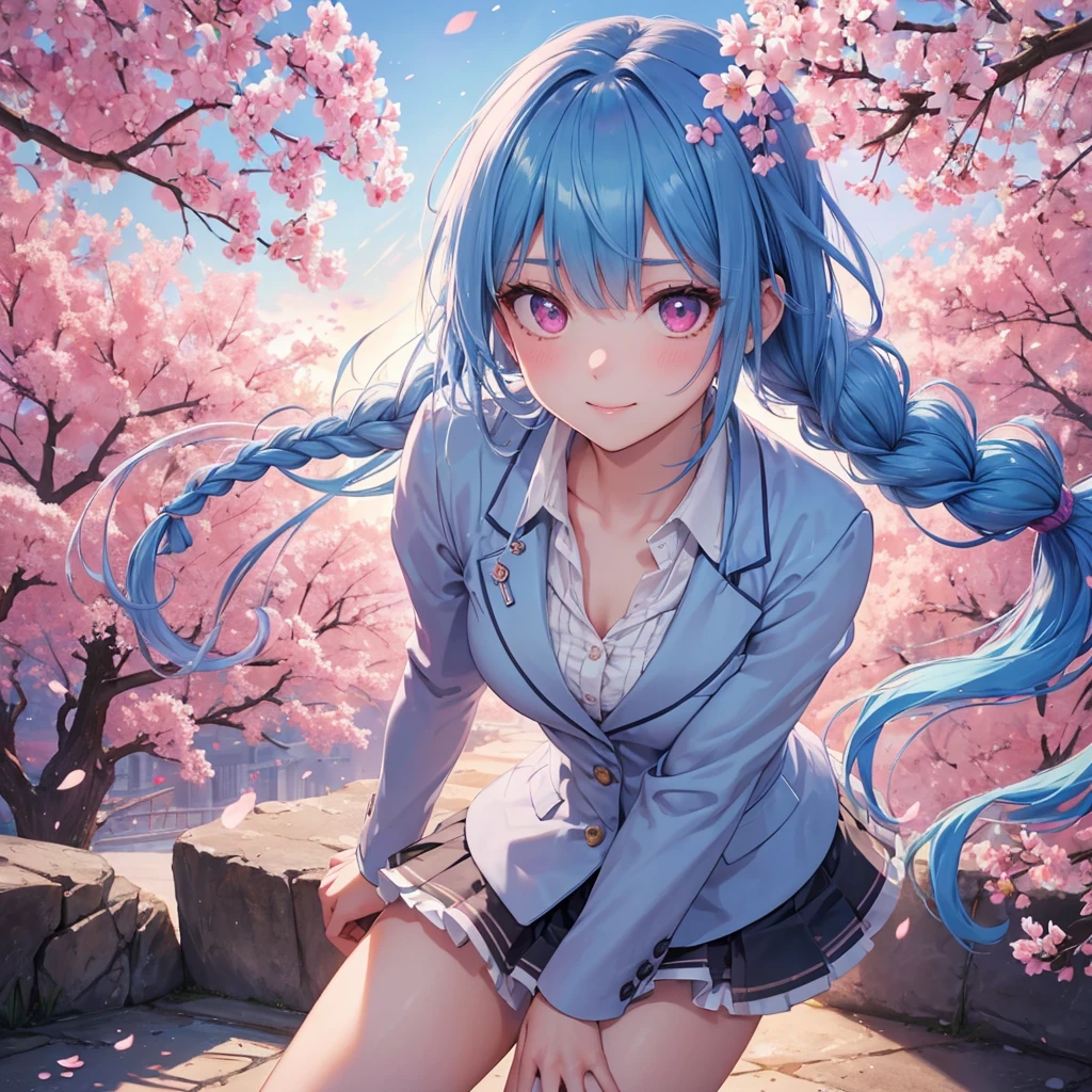 Sky blue hair, Braided Ponytail,(Pink Eyes),Fair skin ,whole body,(1 Girl),Smile,spring, cherry blossoms, Knee-high socks for school, blazer, Straight bangs,(masterpiece, Highest quality, Super detailed, Best Shadow), (Detailed Background), (Beautifully detailed face), High Contrast, (Best lighting, Very delicate and beautiful), ((Cinematic Light)), colorful, Hyper Detail, Dramatic Light, Intricate details,sunshine,Leaning forward,high quality,